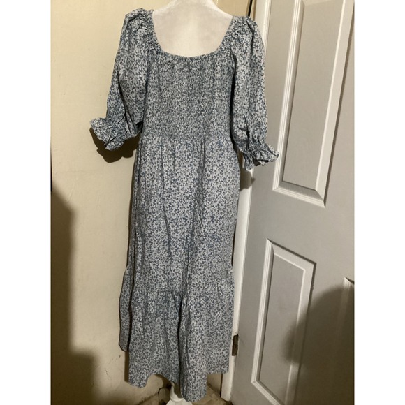 Madewell Smocked Square Neck Floral Midi Dress Blue White Size S Puff Sleeve - Picture 4 of 6